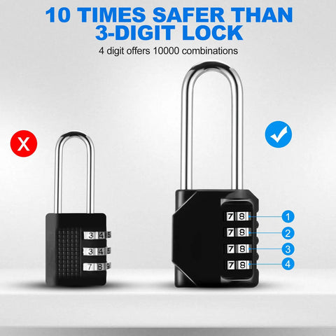 4 Digit Combination Padlock For School And Gym Lockers No Key Needed Long Shackle Resettable 10 Pack Black Durable Metal Security Lock For Fence Toolbox Case And Cabinets, shown with 4-digit dials