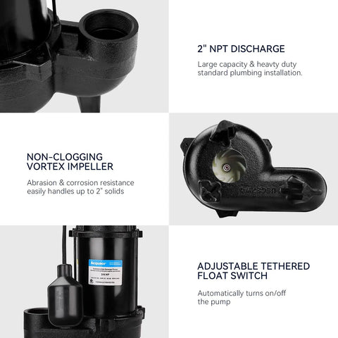 Heavy Duty Sewage Pump 0.75 HP Cast Iron Submersible With Automatic Tethered Float Switch, 6400 GPH, impeller close-up