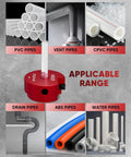 2-Inch PVC Pipe Reamer Kit showing applicable use on PVC, vent, CPVC, drain, ABS, and water pipes for plumbing repairs