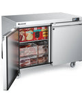 Top Shelf Pro Build Commercial Undercounter Freezer With 48 Inch Stainless Steel Worktop Table, 13.4 Cu Ft Capacity Double Door Prep Fridge, Adjustable Wire Shelves For Kitchen Daily Grind, dual door open showcasing organized frozen storage.