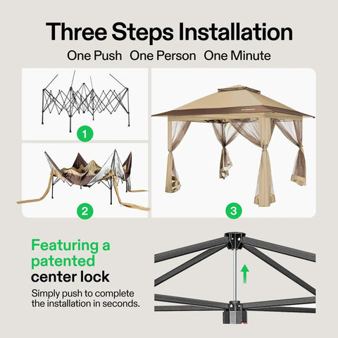 13 X 13 Pop Up Canopy Tent With Mosquito Netting, Center Lock Quick Setup, Wheeled Storage Bag, Instant Outdoor Gazebo For Parties, Patio, Lawn, Garden, Backyard, Khaki.