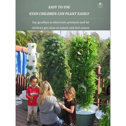 Family using Vertical Hydroponic Tower Garden System For Herbs Fruits And Vegetables No Soil With Hydrating Pump Adapter Net Pots And Timer