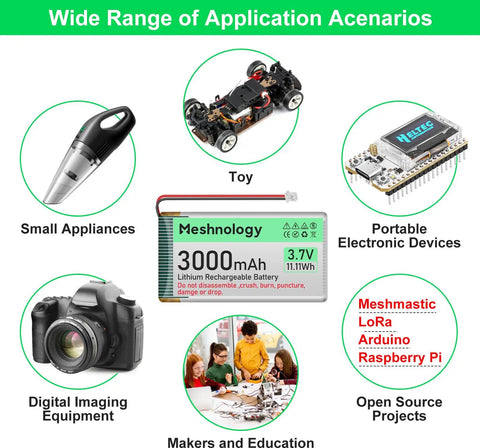 Wide range of applications for 4 Pack 3.7V 3000mAh LiPo Battery With USB Charger Cable Protection Board Insulated Tape And Micro JST 1.25 Plug For Arduino ESP32 Modules Drones RC Cars And Other Portable Projects including electronics and toys