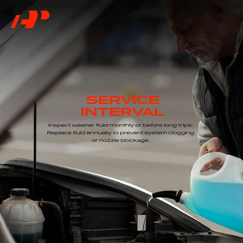 Man pouring blue liquid into windshield washer reservoir tank under car hood with service interval information