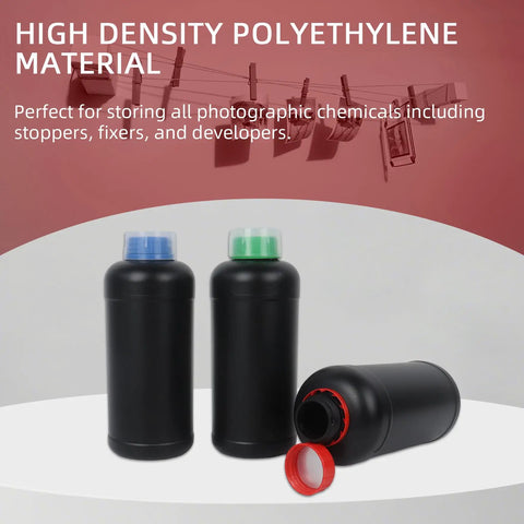 Three 1000ml Darkroom Chemical Storage Bottles With Measuring Cups For Film Developing, Durable HDPE Plastic Containers Ideal For Developer