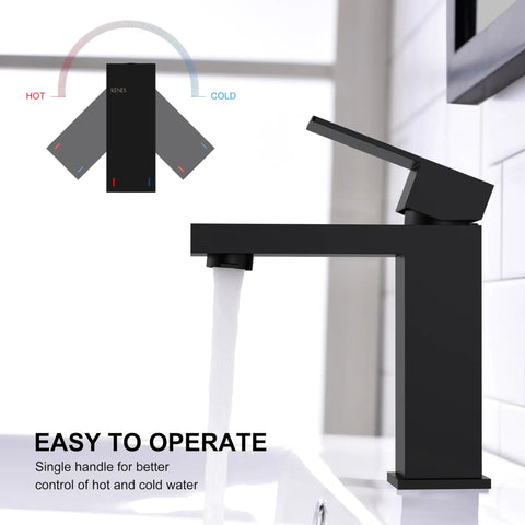 Matte Black Single Handle Bathroom Sink Faucet In Stainless Steel Vanity With Pop Up Drain Stopper And Flexible Water Supply Hoses