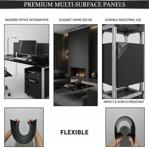 Black ABS Plastic Sheets 2 Pack 16x12x1/8 Inch Matte Back And Textured Front Moldable Thermoplastic Panels in use for office, home decor, and industrial purposes.