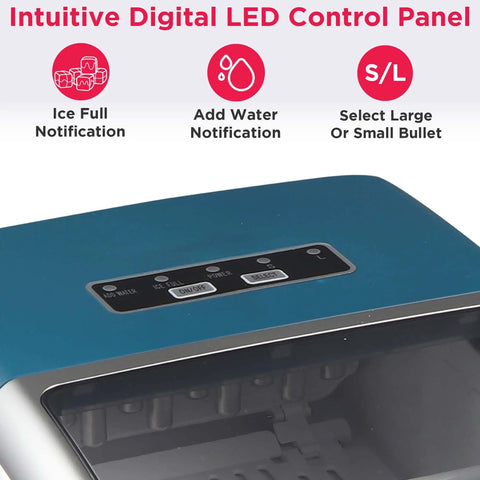 Close-up of Retro Compact Ice Maker With Bullet Ice, Produces Up To 26 Lbs Per Day, showing intuitive digital LED control panel.