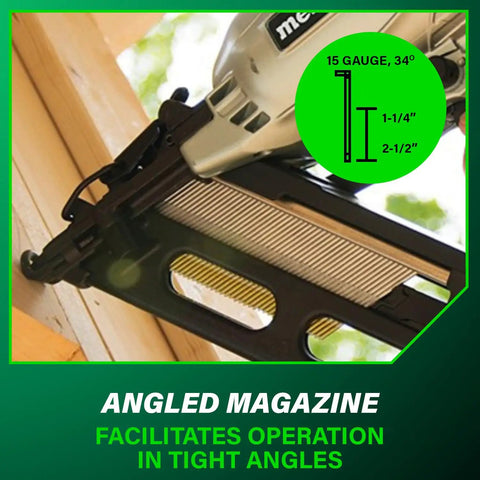 Finish Nailer With Air Duster For Crown And Base Molding 15 Gauge Angled Pneumatic Nailer in use showing angled nails