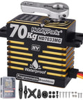 Waterproof Brushless RC Servo High Torque 70kg With Metal Gears And Aluminum Case showing parts and packaging