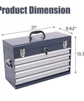 Road Ready 21 Inch Auto Locking Tool Chest dimensions showing 21x8.62x13.38 inches with a sturdy handle in antique grey.