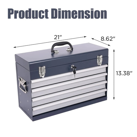 Road Ready 21 Inch Auto Locking Tool Chest dimensions showing 21x8.62x13.38 inches with a sturdy handle in antique grey.