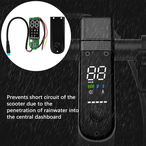 Max G30 Electric Scooter Digital Dashboard Display Module With Bluetooth Display Panel Cover Kit in rain, showing readouts