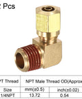 Side view of brass 90-degree compression elbow fitting, 1/4 NPT male thread, 1/4 in tube OD, 2-pack