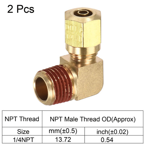Side view of brass 90-degree compression elbow fitting, 1/4 NPT male thread, 1/4 in tube OD, 2-pack