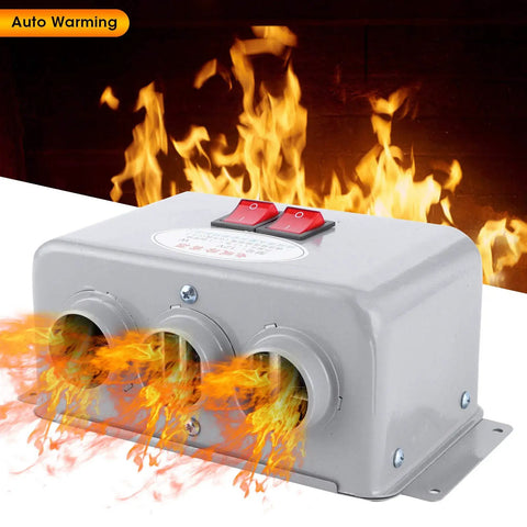 Kick The Winter Chill Fast With Compact 12V Car Heater 400W To 600W Dual Gear Switch triple outlets releasing warm air.
