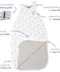 Ultimate Baby Sleep Sack For 4 Season Merino Wool Sleeping Bag With Organic Cotton Outer showing star pattern and features