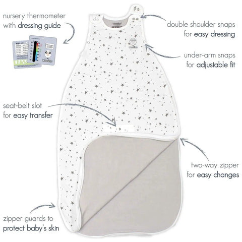Ultimate Baby Sleep Sack For 4 Season Merino Wool Sleeping Bag With Organic Cotton Outer showing star pattern and features