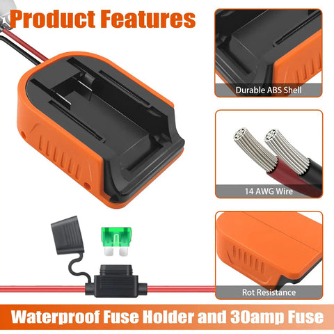 Dual Pack Dope Power Wheel Adapter Kit For 20V Max Batteries with 14AWG wire, ABS shell, and waterproof fuse holder