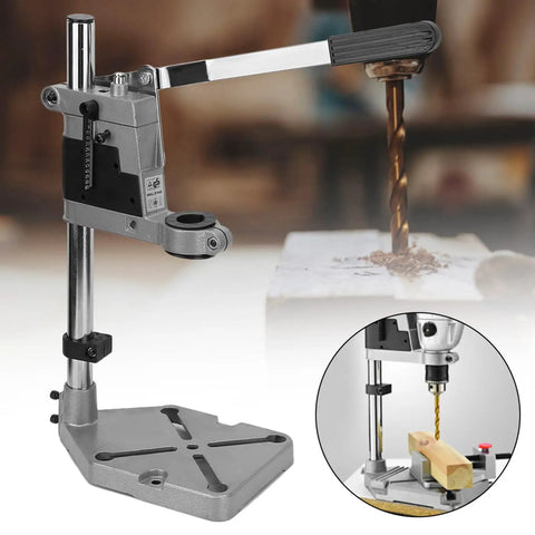 Hella Sturdy Universal Drill Press Stand Top Shelf Workbench Mount fits 38 and 43 millimeter chucks on heavy duty steel base.