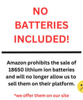 Image with text stating no batteries included for 365nm UV LED Flashlight With Patented Glass Filter Waterproof Absorbs Visible Light.