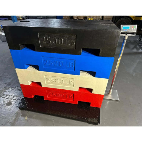 Beefy Floor Scale For Pallets And Shipping In Warehouse Use With Smart Digital Indicator 48 By 48 Inches 10000 Lb Capacity Accurate To 1 Lb Built For Tough Industrial Environments And Long Life with stacked colored weigh blocks.