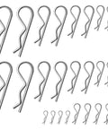 24 Piece Cotter Pin Assortment Kit With R Clips Heavy Duty Zinc Plated Spring Fasteners For Hitch Pin Lock System Great For Auto Repairs And Mechanical Projects, displayed in various sizes.