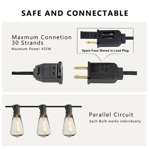 Close-up of plugs and connectors for 50 Ft Outdoor String Lights With 27 Shatterproof LED Edison Bulbs, parallel circuit details.