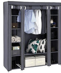 Heavy Hitter Portable Closet Wardrobe Organizer With Slick Nonwoven Fabric Cover And Beefy Steel Frame Built Solid For No Sweat Roomy Storage Shelves And Long Hanging Rod In Soft Gray showing hanging clothes and shelves filled.