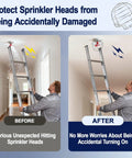 Before and after image showing Heavy Duty Fire Sprinkler Head Guard Covers 8 Pack for ceiling-mounted protection.