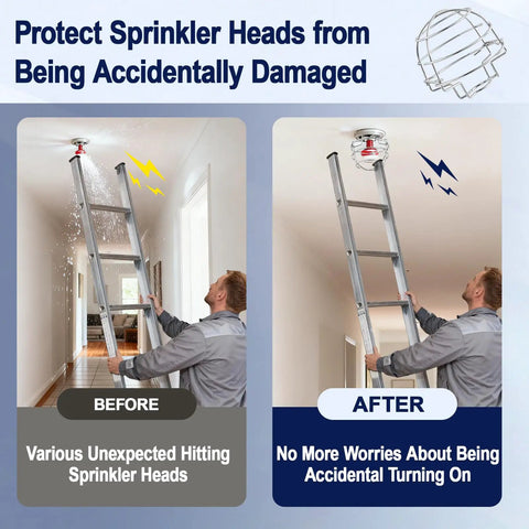 Before and after image showing Heavy Duty Fire Sprinkler Head Guard Covers 8 Pack for ceiling-mounted protection.