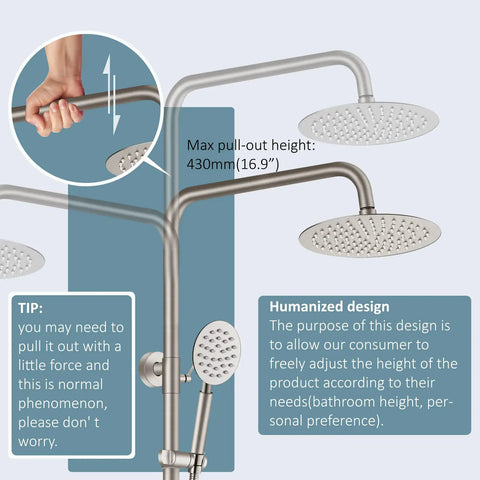 Adjustable height feature of Outdoor Shower Setup Kit in 304 Stainless Steel with Brushed Nickel Finish, showing rain head and hand spray.