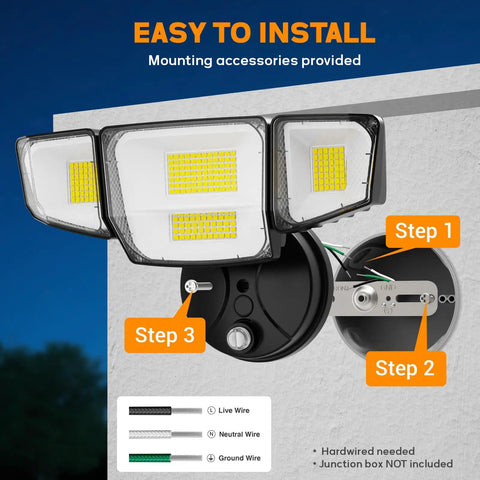 Heavy Duty 90W LED Security Flood Light With Dang Bright 10000 Lumen Coverage And Four Adjustable Heads Featuring Dusk To Dawn Sensor IP65 Weatherproof Outdoor Spotlight For Backyard Gate And Porch Installations In Black