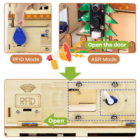 ESP32 Smart Home Starter Kit With Voice Recognition And App Control, showing RFID and ASR mode for door access.