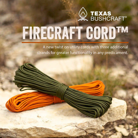 Firecraft Paracord Utility Rope With Three Extra Strands For Survival Gear, Emergency Fishing, Sewing And Tinder, Durable Paracord Cord For Outdoor Prep In Burnt Orange 25 Ft displayed on rocky surface