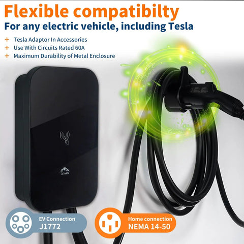 Level 2 EV Charger With 48 Amp 240V Power, Heavy Duty Metal Case, NEMA 14 50 Plug, Indoor Outdoor Use, Tesla Adapter shown