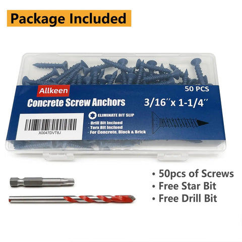 Torx Head Concrete Screws For Masonry Anchoring 3/16 x 1-1/4 Inch 50 Pack Go To Fasteners in a plastic box with bits included