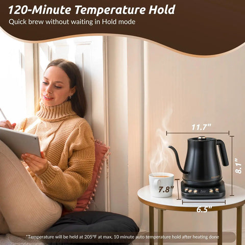 Gooseneck Electric Kettle 1L With Six Temperature Presets, 1200W Fast Heating, Auto Shut-Off, Keep-Warm, Stainless Steel Interior And Lid, Matte Black Finish For Pour Over Coffee And Tea on table beside woman with tablet