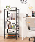 Compact 4 Tier Bookshelf Featuring Heavy Duty Metal Frame And Smooth Wood Shelves in modern home office with books and decor.