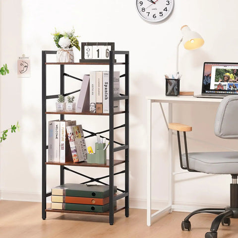 Compact 4 Tier Bookshelf Featuring Heavy Duty Metal Frame And Smooth Wood Shelves in modern home office with books and decor.