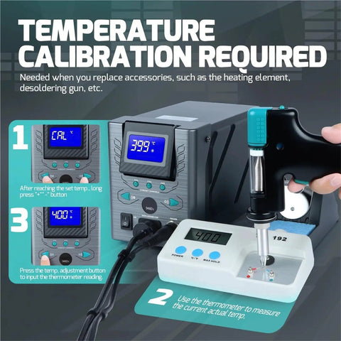 Pro Grade High Power 110W Desoldering Station Kit with LCD Display showing temperature calibration process