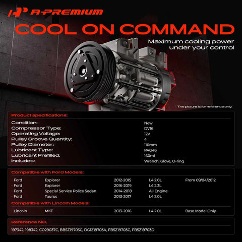 Heavy Duty AC Climate Control Compressor Assembly With Four Groove Pulley And Prefilled Oil For 2013 To 2019 Ford Explorer And Police Interceptor, front view with specifications.
