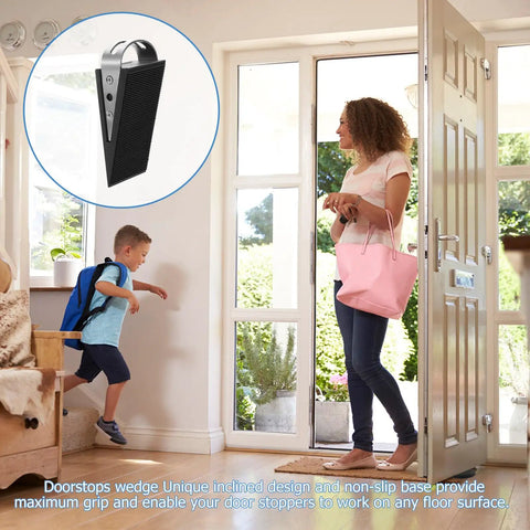 2 Piece Rubber Door Wedge With Stainless Steel Core Non Slip Door Stopper used in a home entryway to keep doors open