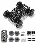YonPhsy robot car chassis kit in black with four mecanum wheels and mounting plates; top view.