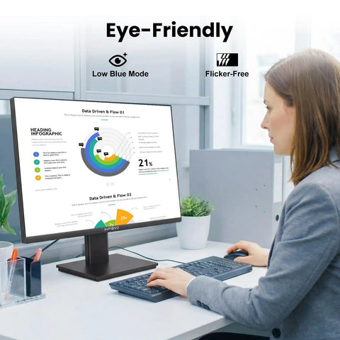 Woman using Dope 24 Inch Full HD Monitor With Built In Speakers For Home Office 100Hz Refresh Rate 3000 To 1 Contrast 99 Percent sRGB