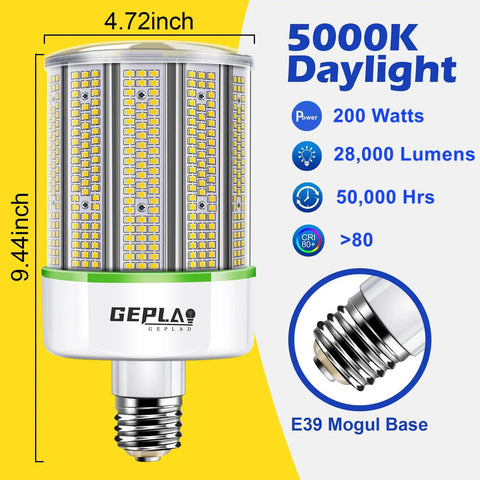 Heavy Duty 2 Pack 200W LED Corn Bulbs Featuring E39 Mogul Base With Badass 28000 Lumens For Superior 5000K Daylight White Garage Lighting And Rugged Industrial Warehouse High Bay Fixtures