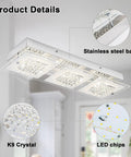 Crystal Rectangle Ceiling Light Fixture Flush Mount LED with stainless steel base, K9 crystal, and LED chips in a modern room.