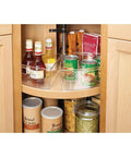 Lazy Susan Organizer Set Of Four Clear Plastic Kitchen Cabinet Storage Bins With Handles, displayed in kitchen cabinet