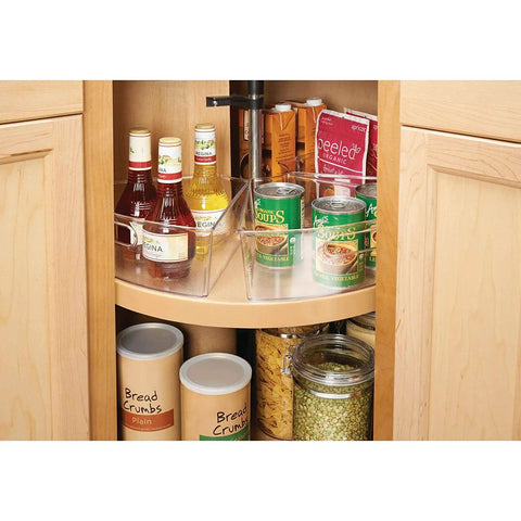 Lazy Susan Organizer Set Of Four Clear Plastic Kitchen Cabinet Storage Bins With Handles, displayed in kitchen cabinet
