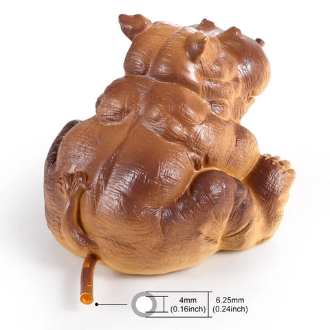 Back view of resin hippo water spitter statue with hose connector, dimensions shown, for Water Spitter Statue For Pools And Ponds Outdoor Resin Fountain Sculpture With Realistic Water Flow Garden Decor For Home Yard And Patio Kid Friendly For Gardens Or Indoor Desks And Offices.